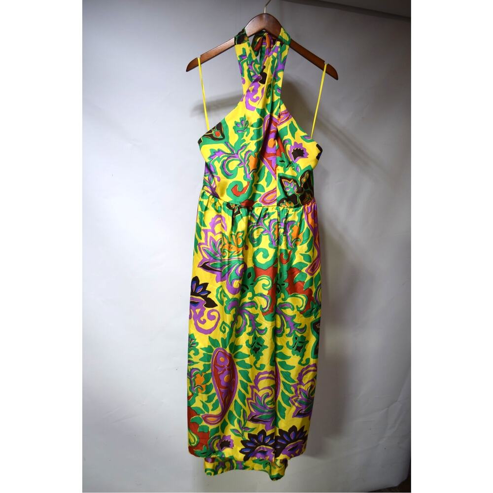 J.Crew Collection Silk Halter Maxi Dress Yellow Multicolor Floral Paisley Size 8